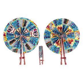 Handmade in Ghana Colorful Ankara African Print Handheld Bolga Folding Fan With Leather Handles Handheld African Fabric Folding Fan (Fan C)