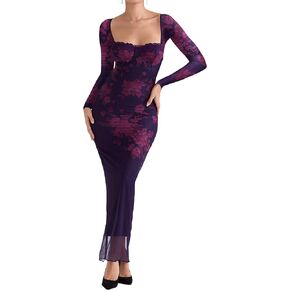 Women Sexy Backless Satin Maxi Long Sleeve Dresses Floral Print Dresses Slim Fit Elegant Long Dresses Night Party Outfits