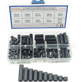 HVAZI Metric Black OD 7mm ID 4.2mm ABS Plastic Round Unthreaded Spacers Assortment Kit;for M4 Screws.4mm to 25mm Height,Round Straight Tube Standoffs