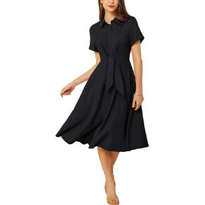 GRACE KARIN Womens Linen Dresses Summer Casual Flowy Collar Button Down Dress Front Tie Short Sleeve Pockets Midi Work Dress