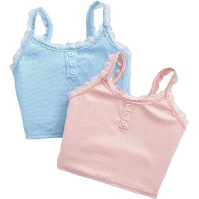 Milumia Girl's 2 Pack Cute Lace Trim Ribbed Camisoles Button Front Cami Crop Tops