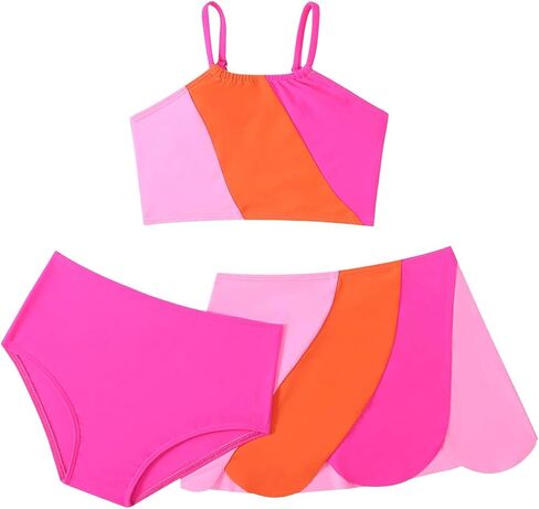 OYOANGLE Girl's 3 Piece Bikini Set Color Block Spaghetti Straps Cami Swimwear Bathing Suits with Mini Skirt in Saudi Arabia