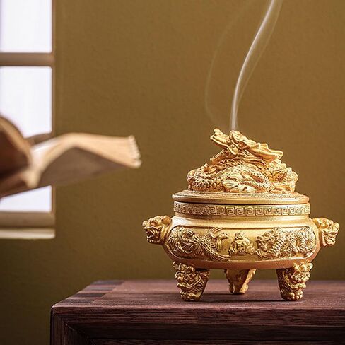 Feng Shui Dragon Incense Holder Burner with Lid and Incense Stand Accessories for Aromatherapy Ornament, Home and Office Decoration, Indoor and Outdoor (Bronze D) in Saudi Arabia