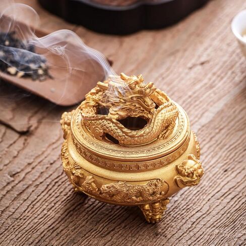 Feng Shui Dragon Incense Holder Burner with Lid and Incense Stand Accessories for Aromatherapy Ornament, Home and Office Decoration, Indoor and Outdoor (Bronze D) in Saudi Arabia