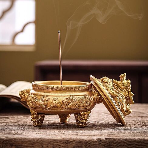 Feng Shui Dragon Incense Holder Burner with Lid and Incense Stand Accessories for Aromatherapy Ornament, Home and Office Decoration, Indoor and Outdoor (Bronze D) in Saudi Arabia