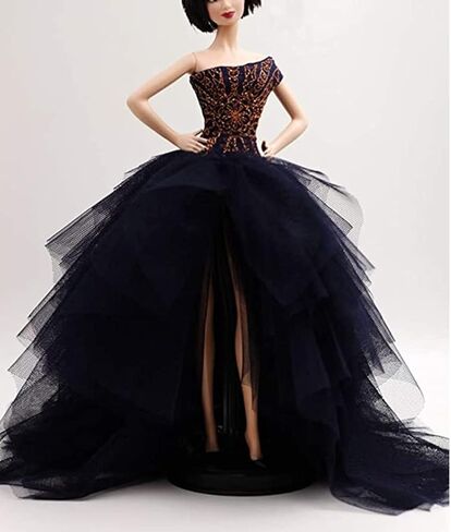 [فستان مصنوع يدويًا مناسب لدمية مقاس 12 بوصة] فستان أميرة كورا جو كلاسيكي بكتف واحد مطرز باللون الأزرق الداكن والدانتيل / فساتين زفاف تناسب دمية عصرية مقاس 12 بوصة [الدمية غير متضمنة] in Kuwait
