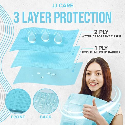 مرايل أسنان JJ CARE [عبوة من 125] - مرايل أسنان زرقاء مقاس 13 بوصة × 18 بوصة، مرايل طبيب أسنان مقاومة للماء 3 طبقات، مرايل أسنان يمكن التخلص منها لتمديد الرموش، مرايل للمريض لفن الأظافر، مناديل للأسنان للثقب in Kuwait