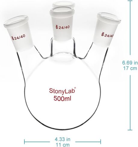 stonylab 4 Neck Round Bottom Flask RBF, Heavy Wall 4 Neck Lab Flask Borosilicate Glass Round Bottom Boiling Flask with 24/40 Standard Taper Outer Joint, 1000 ml in Kuwait