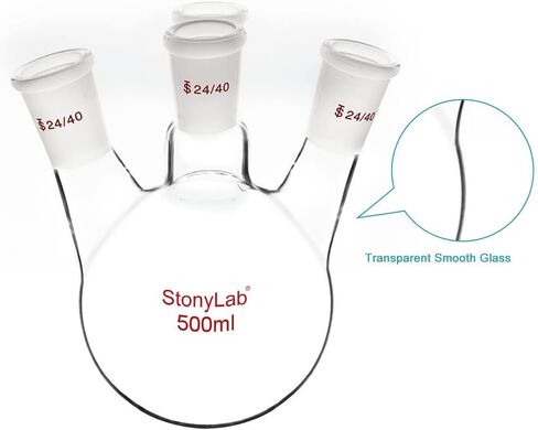 stonylab 4 Neck Round Bottom Flask RBF, Heavy Wall 4 Neck Lab Flask Borosilicate Glass Round Bottom Boiling Flask with 24/40 Standard Taper Outer Joint, 1000 ml in Kuwait