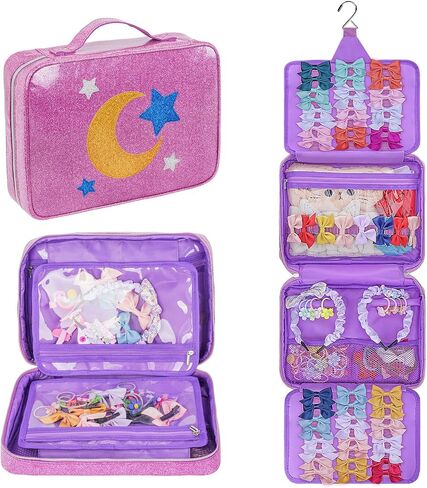 Hair Accessories Storage Bag for Baby Girls, Bow Organizer Holder with Hook | PU Leather Bow Holder with Display Hair Clips, Headband, Ties& Scrunchies, Dust-proof & Easy to Clean in Saudi Arabia