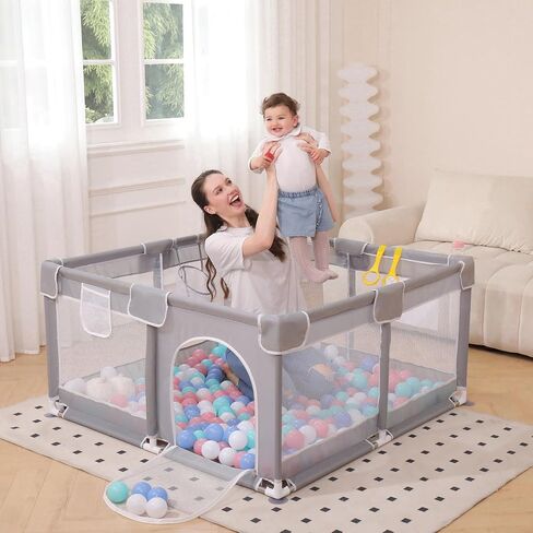 Safe Baby Playpen and Play Yards (50x50 inch Size) for Toddlers, Kids, and Babies | Soft Breathable Mesh | Ball Hoop, Grab Handles | 360-Degree View | Anti-Fall Design in Saudi Arabia