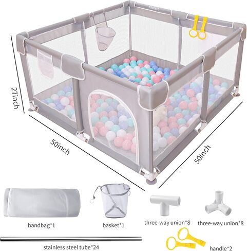 Safe Baby Playpen and Play Yards (50x50 inch Size) for Toddlers, Kids, and Babies | Soft Breathable Mesh | Ball Hoop, Grab Handles | 360-Degree View | Anti-Fall Design in Saudi Arabia
