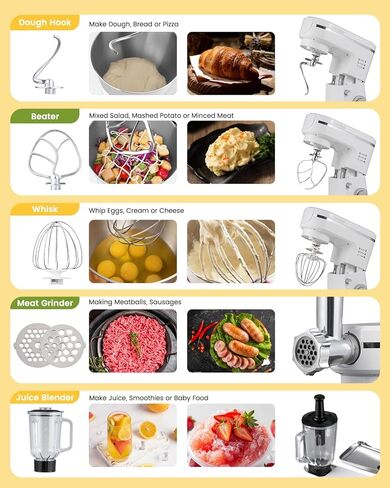 خلاط Flyseago 7 في 1 1500 وات 6.5 QT خلاط مطبخ كهربائي متعدد الوظائف 6+P رأس إمالة السرعة مع وعاء من الفولاذ المقاوم للصدأ، وعاء زجاجي 1.5 لتر، مفرمة لحم، خطاف عجين، خفاقة، مرفق المعكرونة in Kuwait