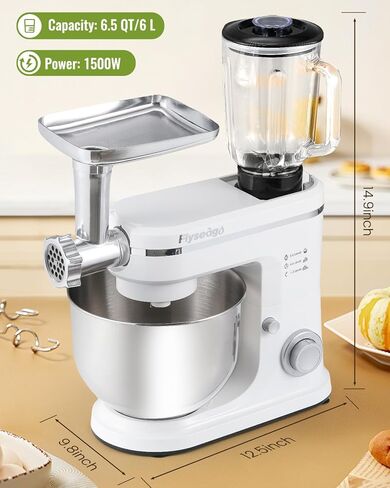 خلاط Flyseago 7 في 1 1500 وات 6.5 QT خلاط مطبخ كهربائي متعدد الوظائف 6+P رأس إمالة السرعة مع وعاء من الفولاذ المقاوم للصدأ، وعاء زجاجي 1.5 لتر، مفرمة لحم، خطاف عجين، خفاقة، مرفق المعكرونة in Kuwait