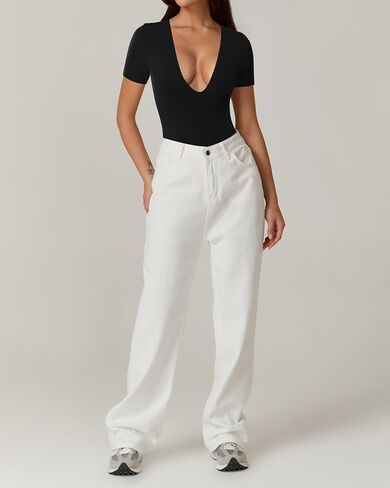 Kentysill Women's Deep V-Neck Bodysuit Short Sleeve Sexy T-shirt Tops Body Suits for Women Going Out. in Saudi Arabia