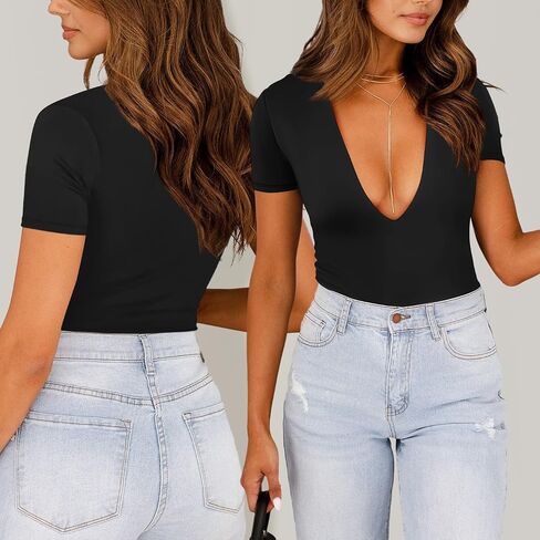 Kentysill Women's Deep V-Neck Bodysuit Short Sleeve Sexy T-shirt Tops Body Suits for Women Going Out. in Saudi Arabia