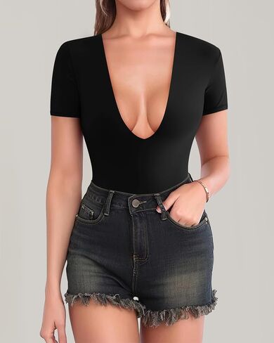 Kentysill Women's Deep V-Neck Bodysuit Short Sleeve Sexy T-shirt Tops Body Suits for Women Going Out. in Saudi Arabia