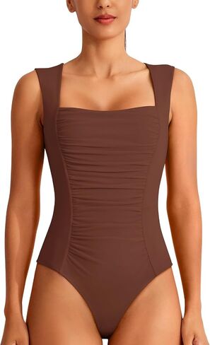 REORIA Women's Square Neck Body suit Sleeveless Sexy Mesh Ruched Bodysuits Tank Tops 2024 Spring/Summer Designer Collection in Saudi Arabia