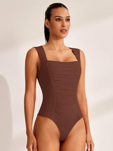REORIA Women's Square Neck Body suit Sleeveless Sexy Mesh Ruched Bodysuits Tank Tops 2024 Spring/Summer Designer Collection in Saudi Arabia