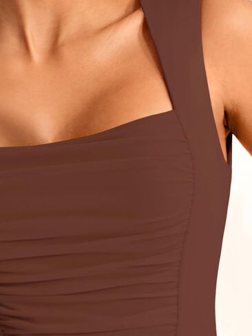 REORIA Women's Square Neck Body suit Sleeveless Sexy Mesh Ruched Bodysuits Tank Tops 2024 Spring/Summer Designer Collection in Saudi Arabia