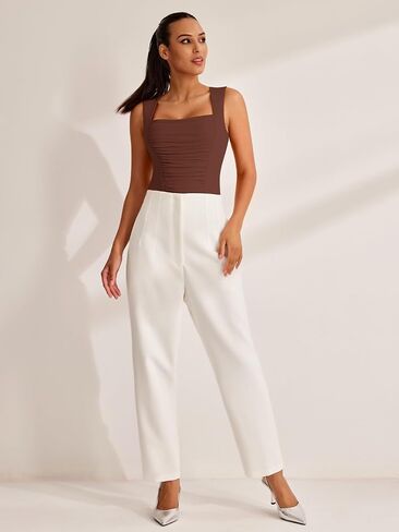 REORIA Women's Square Neck Body suit Sleeveless Sexy Mesh Ruched Bodysuits Tank Tops 2024 Spring/Summer Designer Collection in Saudi Arabia