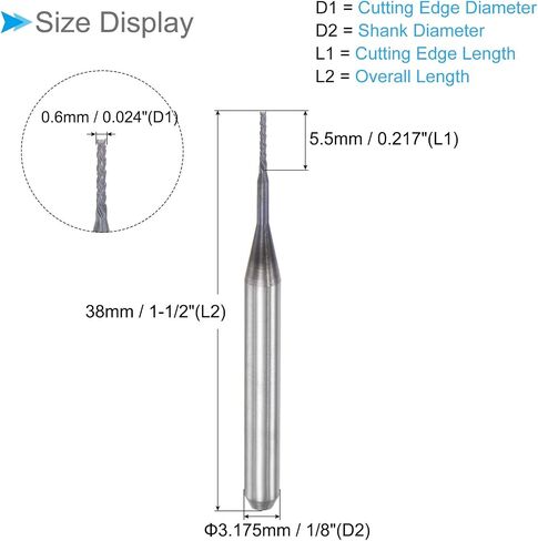 قطع توجيه CNC من CoCud End Mill، ساق 1/8 بوصة، قطع 5.5 مم، قطر 0.6 مم، قاطع طحن من كربيد التنجستين الماسي لليد اليسرى - (التطبيقات: لنقش الحفر باستخدام الحاسب الآلي)، 10 قطع in Saudi Arabia