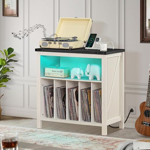 Large Record Player Stand with Charging Station & LED Lights, Black Vinyl Record Storage Holder Holds up to 230 Albums, Turntable Stand with Display Shelf for Music Room Bedroom Living Room. in Saudi Arabia