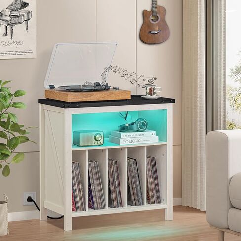 Large Record Player Stand with Charging Station & LED Lights, Black Vinyl Record Storage Holder Holds up to 230 Albums, Turntable Stand with Display Shelf for Music Room Bedroom Living Room. in Saudi Arabia