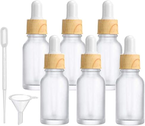 6 قطع، زجاجة قطارة زجاجية بلوري للزيوت العطرية سعة 15 مل/0.5 أونصة، حامل زجاجات سائلة زجاجية فارغة مع قطارة عين زجاجية، غطاء خشبي محبب، حاوية مستحضرات تجميل للسفر، ماصة وقمع متضمن in Kuwait