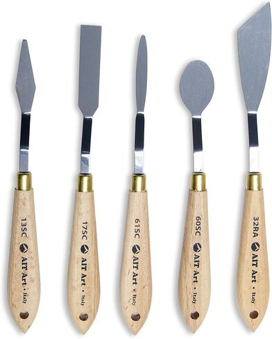 سكاكين طلاء AIT Art Select، مجموعة من 5، مصنوعة في إيطاليا، أشكال مجرفة متنوعة، شفرات من الفولاذ الكربوني مع مقابض خشبية مريحة توفر المرونة والمتانة لسهولة انتشار الطلاء in Kuwait
