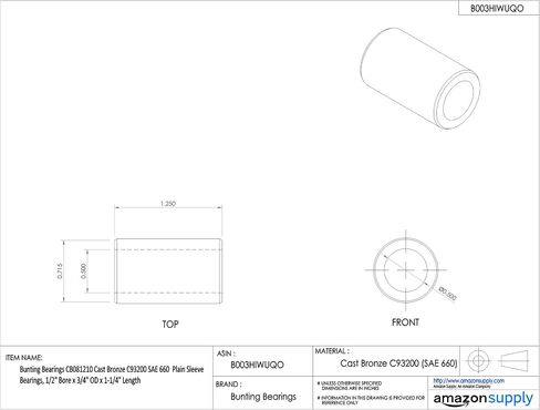 Bunting Bearings CB121412 Cast Bronze C93200 SAE 660 Plain Sleeve Bearings, 3/4" Bore x 7/8" OD x 1-1/2" Length in Saudi Arabia