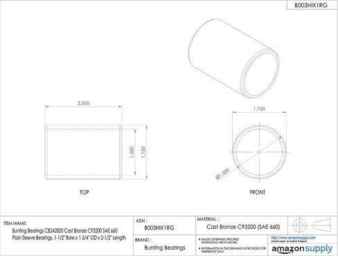 Bunting Bearings CB121412 Cast Bronze C93200 SAE 660 Plain Sleeve Bearings, 3/4" Bore x 7/8" OD x 1-1/2" Length in Saudi Arabia