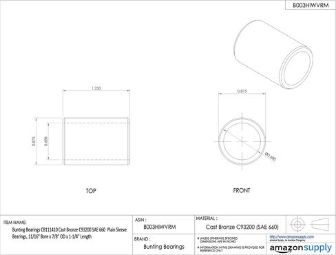 Bunting Bearings CB121412 Cast Bronze C93200 SAE 660 Plain Sleeve Bearings, 3/4" Bore x 7/8" OD x 1-1/2" Length in Saudi Arabia