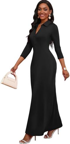 MarryUP Maxi Dresses for Women Casual V Neck 3/4 Sleeve Bodycon Long Maxi Party Holiday Dresses Semi Formal Outfits in Saudi Arabia
