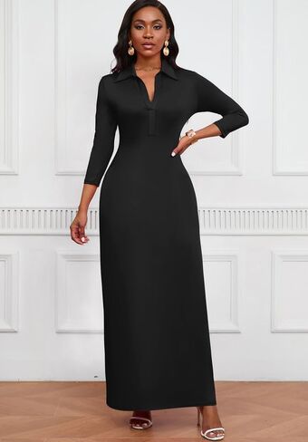MarryUP Maxi Dresses for Women Casual V Neck 3/4 Sleeve Bodycon Long Maxi Party Holiday Dresses Semi Formal Outfits in Saudi Arabia