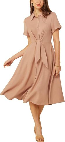 GRACE KARIN Womens Linen Dresses Summer Casual Flowy Collar Button Down Dress Front Tie Short Sleeve Pockets Midi Work Dress in Saudi Arabia