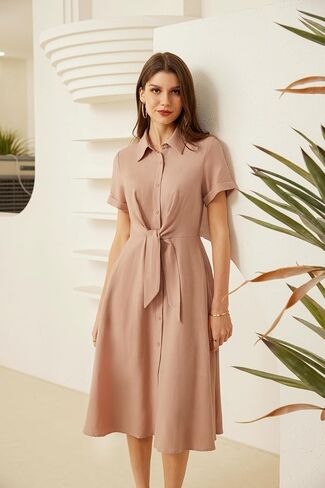 GRACE KARIN Womens Linen Dresses Summer Casual Flowy Collar Button Down Dress Front Tie Short Sleeve Pockets Midi Work Dress in Saudi Arabia