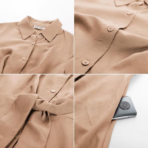 GRACE KARIN Womens Linen Dresses Summer Casual Flowy Collar Button Down Dress Front Tie Short Sleeve Pockets Midi Work Dress in Saudi Arabia