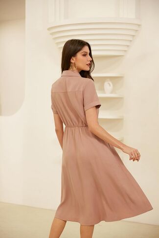 GRACE KARIN Womens Linen Dresses Summer Casual Flowy Collar Button Down Dress Front Tie Short Sleeve Pockets Midi Work Dress in Saudi Arabia
