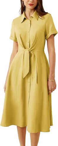 GRACE KARIN Womens Linen Dresses Summer Casual Flowy Collar Button Down Dress Front Tie Short Sleeve Pockets Midi Work Dress in Saudi Arabia