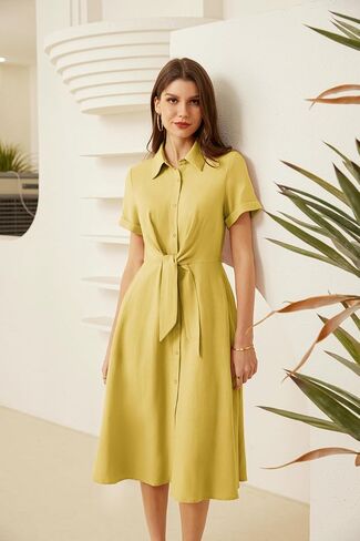 GRACE KARIN Womens Linen Dresses Summer Casual Flowy Collar Button Down Dress Front Tie Short Sleeve Pockets Midi Work Dress in Saudi Arabia