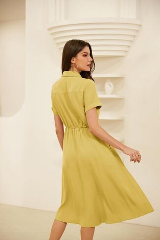 GRACE KARIN Womens Linen Dresses Summer Casual Flowy Collar Button Down Dress Front Tie Short Sleeve Pockets Midi Work Dress in Saudi Arabia