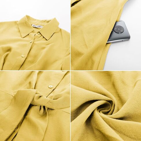 GRACE KARIN Womens Linen Dresses Summer Casual Flowy Collar Button Down Dress Front Tie Short Sleeve Pockets Midi Work Dress in Saudi Arabia