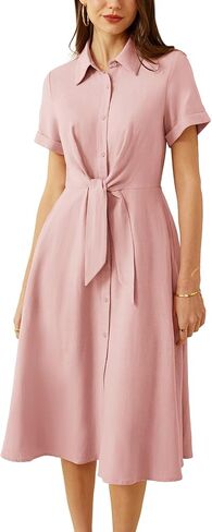 GRACE KARIN Womens Linen Dresses Summer Casual Flowy Collar Button Down Dress Front Tie Short Sleeve Pockets Midi Work Dress in Saudi Arabia