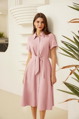 GRACE KARIN Womens Linen Dresses Summer Casual Flowy Collar Button Down Dress Front Tie Short Sleeve Pockets Midi Work Dress in Saudi Arabia