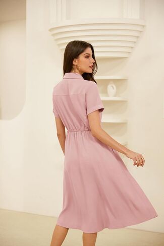 GRACE KARIN Womens Linen Dresses Summer Casual Flowy Collar Button Down Dress Front Tie Short Sleeve Pockets Midi Work Dress in Saudi Arabia