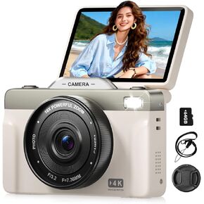 كاميرات رقمية بدقة 4K بدقة 64 ميجابكسل للتصوير الفوتوغرافي، وكاميرا تسجيل فيديو ذاتية التكبير 16X لليوتيوب مع شاشة قابلة للطي بزاوية 180 درجة، ومجموعة كاميرا سفر مدمجة للمبتدئين والمراهقين (بيج) in Kuwait