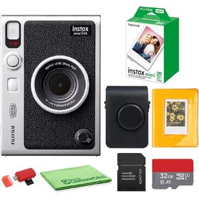 حزمة كاميرا FUJIFILM INSTAX MINI EVO Hybrid الفورية (أسود) مع حزمة قيمة لفيلم Fuji Instax-Mini-Instant (20 ورقة) + بطاقة ذاكرة 32 جيجابايت + حقيبة حمل + ألبوم صور 64 جيبًا + قطعة قماش للتنظيف in Kuwait