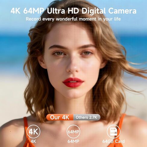 كاميرات رقمية بدقة 4K بدقة 64 ميجابكسل للتصوير الفوتوغرافي، وكاميرا تسجيل فيديو ذاتية التكبير 16X لليوتيوب مع شاشة قابلة للطي بزاوية 180 درجة، ومجموعة كاميرا سفر مدمجة للمبتدئين والمراهقين (بيج) in Kuwait