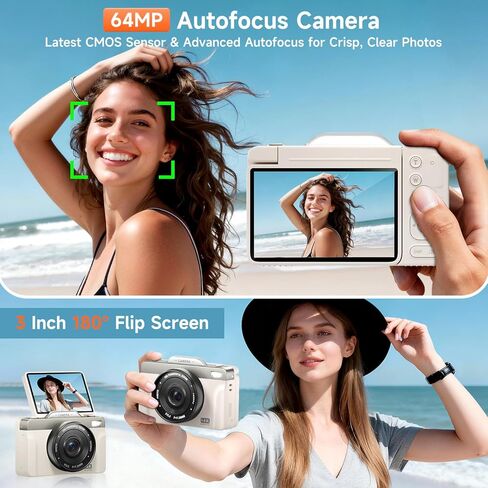 كاميرات رقمية بدقة 4K بدقة 64 ميجابكسل للتصوير الفوتوغرافي، وكاميرا تسجيل فيديو ذاتية التكبير 16X لليوتيوب مع شاشة قابلة للطي بزاوية 180 درجة، ومجموعة كاميرا سفر مدمجة للمبتدئين والمراهقين (بيج) in Kuwait